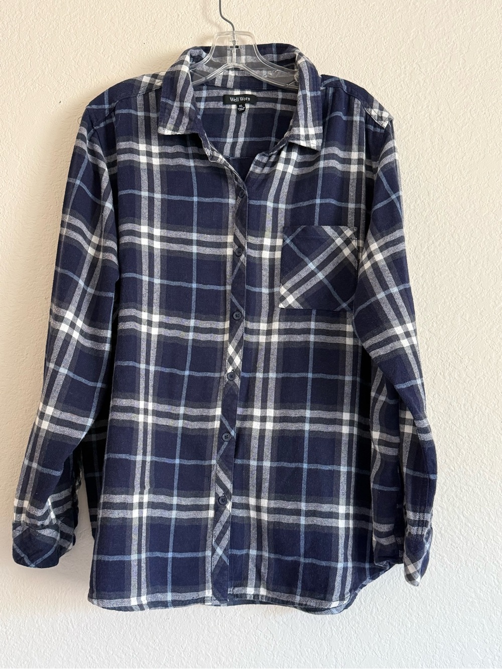 Well Worn Navy & White Plaid Button-Down Flannel Shirt